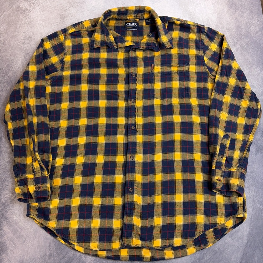 Chaps Performance Mens XLT Tall Flannel Shirt Yellow Navy Blue Plaid Cotton L/S